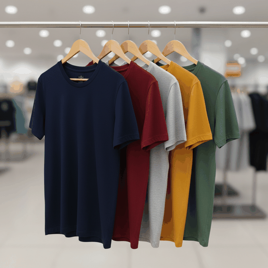 Combo of 5 Heavy Cotton Tshirts - Navy, Wine, Grey, Mustard, Pista