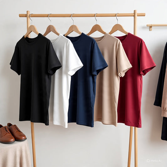 Combo of 5 Heavy Cotton Tshirts - Black, White, Navy, Beige, Red